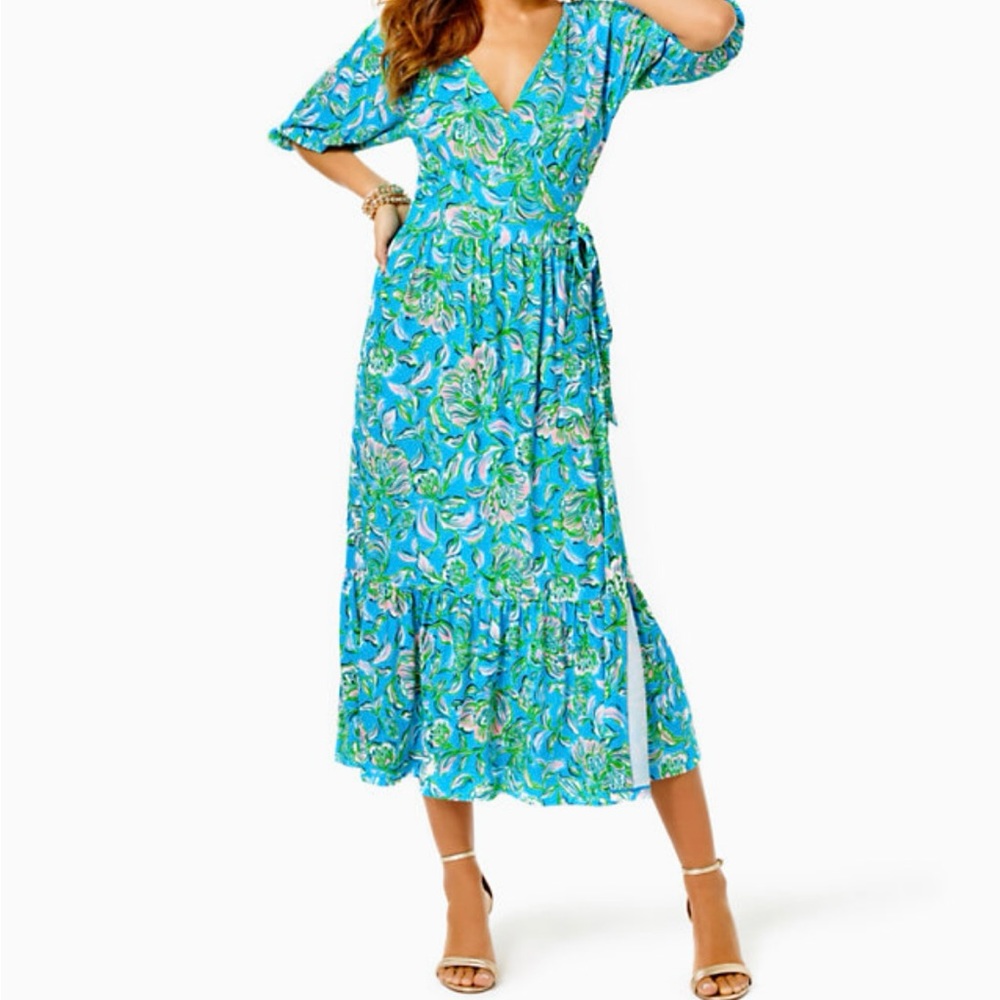 Brand New Lilly Pulitzer Brantley Midi Wrap Dress Cumulus Blue Chick Magnet, L